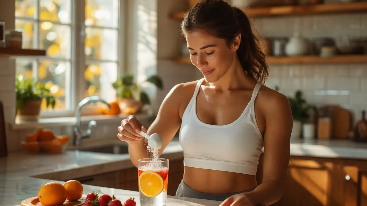 Žena připravuje nápoj s kolagenem a citrusy